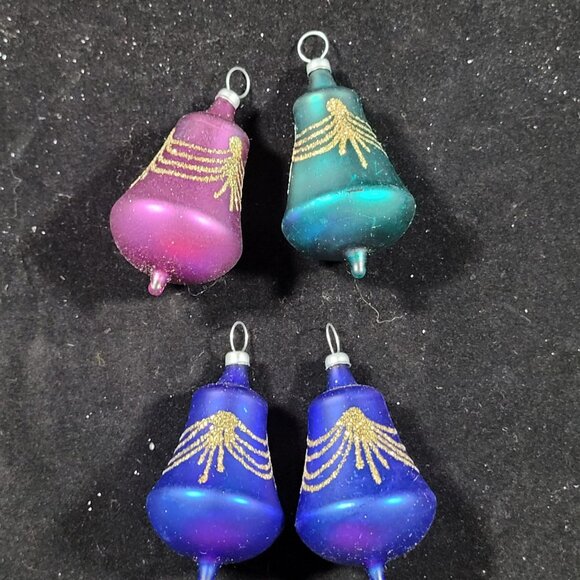 4 Glass Bell Christmas Tree Ornaments Glitter‎ Blue Pink Teal MCM Retro Vtg - Picture 3 of 5